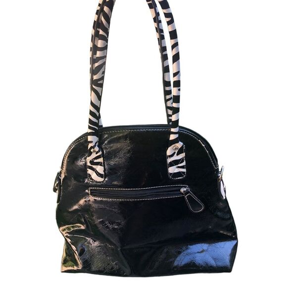 😊3/$30 Hananel Purse Black & White exterior w/Flower, interior tiger print - Picture 6 of 11